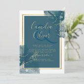 Peacock Blue Alcohol INK Chic Wedding Invite Kaart (Staand voorkant)