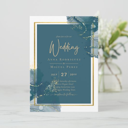 Peacock Blue Alcohol INK Chic Wedding Invite Kaart (Staand voorkant)