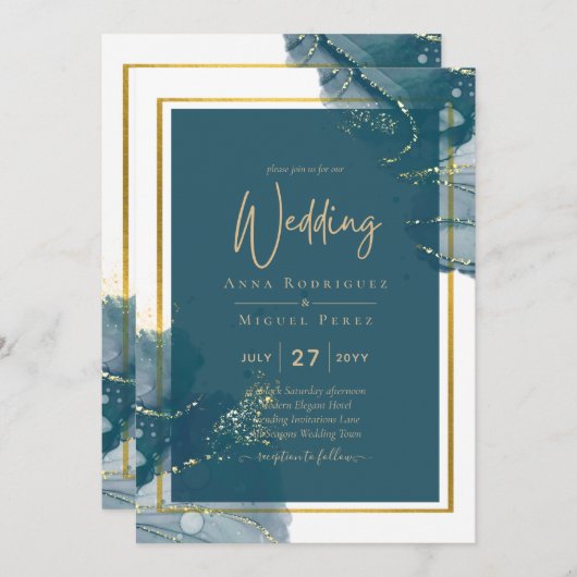 Peacock Blue Alcohol INK Chic Wedding Invite Kaart (Voorkant / Achterkant)