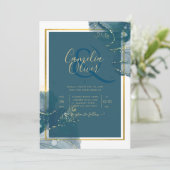 Peacock Blue Alcohol INK Chic Wedding Invite Kaart (Staand voorkant)