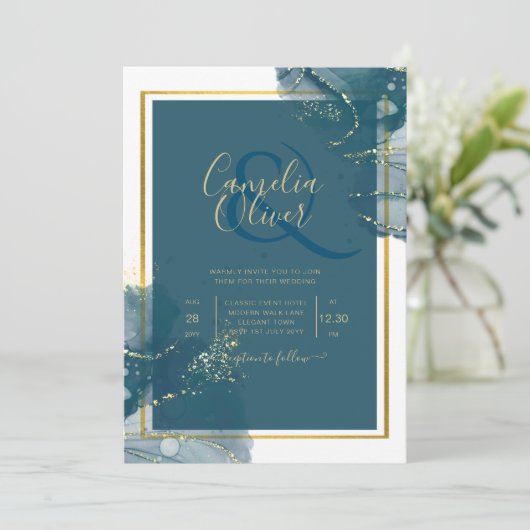 Peacock Blue Alcohol INK Chic Wedding Invite Kaart (Staand voorkant)