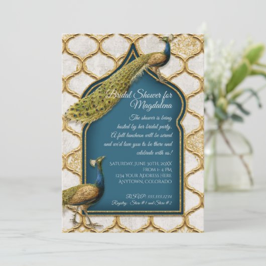  Peacock Blue Arabesque Gold Vrijgezellenfeest Kaart (Staand voorkant)