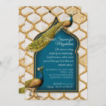 Peacock Blue Arabesque Gold Vrijgezellenfeest Kaart<br><div class="desc">Diep Peacock blauw interieur in de vorm van een minarettoren met een paar  Peacocks voor een elegant,  Boho,  exotisch of Indiaas met de titel Bridal Shower Invitation. Een gouden dimensionaal Arabesque stijlpatroon met een verouderde,  versleten zachte witte achtergrond voltooit het ontwerp. Audrey Jeanne Roberts.</div>