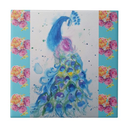 Peacock Blue Bird Waterverf Aqua Ceramic Tile Tegeltje (Voorkant)