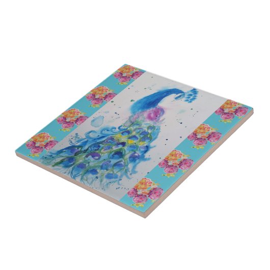 Peacock Blue Bird Waterverf Aqua Ceramic Tile Tegeltje (Zijkant)