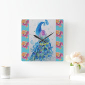 Peacock Blue Bird Waterverf Aqua Roos Clock Vierkante Klok (Huis)