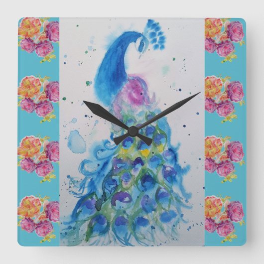 Peacock Blue Bird Waterverf Aqua Roos Clock Vierkante Klok (Voorkant)