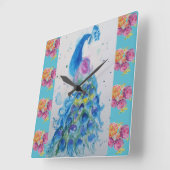 Peacock Blue Bird Waterverf Aqua Roos Clock Vierkante Klok (Hoek)