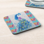 Peacock Blue Bird Waterverf Aqua Roos Onderzetter (Linkerzijde)