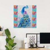 Peacock Blue Bird Waterverf Aqua Roos Poster (Thuiskantoor)