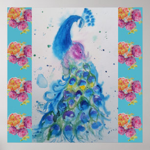 Peacock Blue Bird Waterverf Aqua Roos Poster