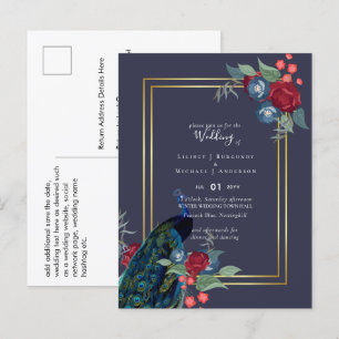Peacock Blue Burgundy Winter Fall Wedding Briefkaart