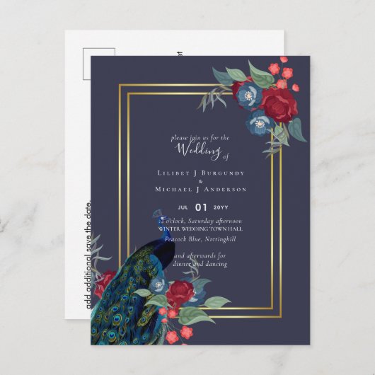 Peacock Blue Burgundy Winter Fall Wedding Briefkaart (Voorkant / Achterkant)