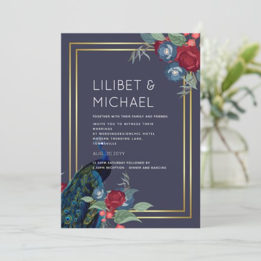 Peacock Blue Burgundy Winter Fall Wedding Kaart (Staand voorkant)