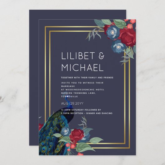 Peacock Blue Burgundy Winter Fall Wedding Kaart (Voorkant / Achterkant)