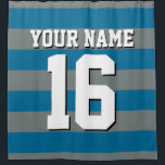 Peacock Blue Charcoal Sports Jersey Preppy Stripe Douchegordijn<br><div class="desc">Preppy Striped Team Jersey / Sports Jersey / Football Jersey / Rugby Jersey met aangepaste naam Pas dit aan met uw eigen naam of teamnaam en een nummer. U kunt de grootte, de kleur en de plaatsing van de tekst wijzigen als u wijzigingen moet aanbrengen, de kleur van de tekstschaduw...</div>