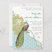 Peacock Blue en Green Damask Wedding Kaart (Voorkant)