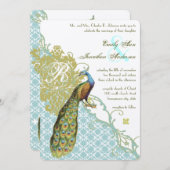 Peacock Blue en Green Damask Wedding Kaart (Voorkant / Achterkant)