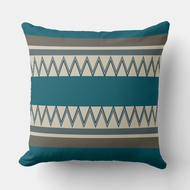 Peacock Blue en Grey Stripes Kussen (Voorkant)