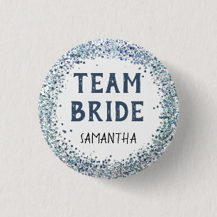 Peacock Blue Glitter Team Bride Name Ronde Button 3,2 Cm