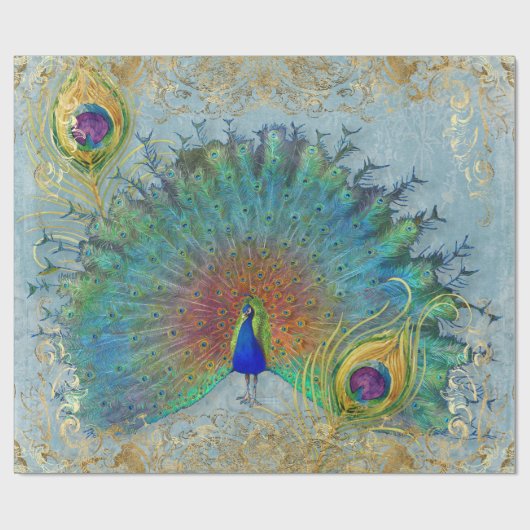 Peacock Blue Gold Foil Rococo Scroll Decoupage Cadeaupapier (Vlak)