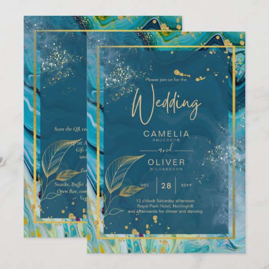 Peacock Blue Gold INK Abstract huwelijk Kaart (Voorkant / Achterkant)