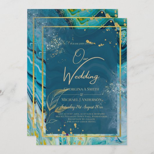 Peacock Blue Gold INK Abstract huwelijk Kaart (Voorkant / Achterkant)