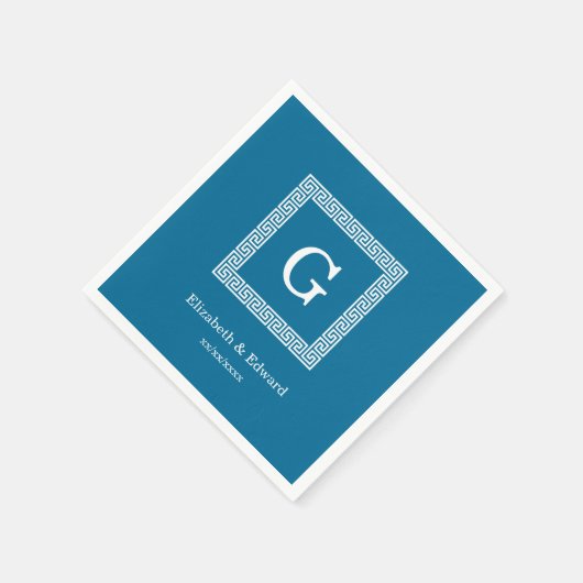 Peacock Blue Greek Key Lijst #1 Initiaal Monogram Servet (Hoek)