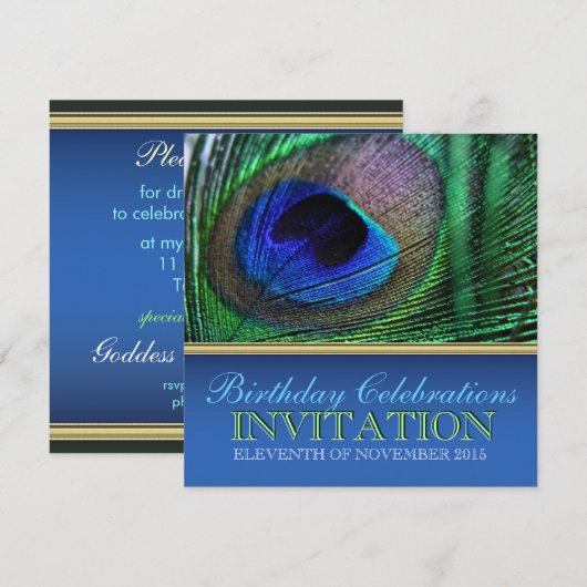 Peacock Blue+Green Feather Birthday-uitnodigingen Kaart (Voorkant / Achterkant)