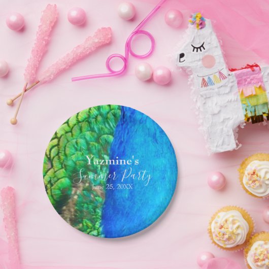 Peacock Blue Green Feather Texture Summer Vibes Papieren Bordje (Feest)