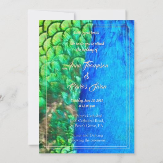 Peacock Blue Green Feather Texture Summer Wedding Kaart (Voorkant)