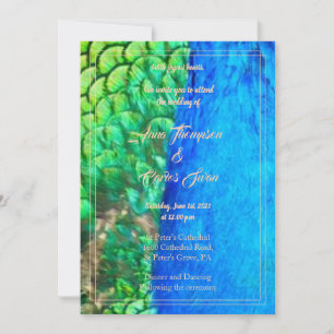 Peacock Blue Green Feather Texture Summer Wedding Kaart