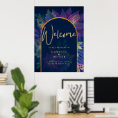 Peacock Blue Jewel Tones Floral Gold Text Weddensc Poster (Thuiskantoor)