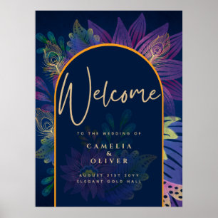 Peacock Blue Jewel Tones Floral Gold Text Weddensc Poster