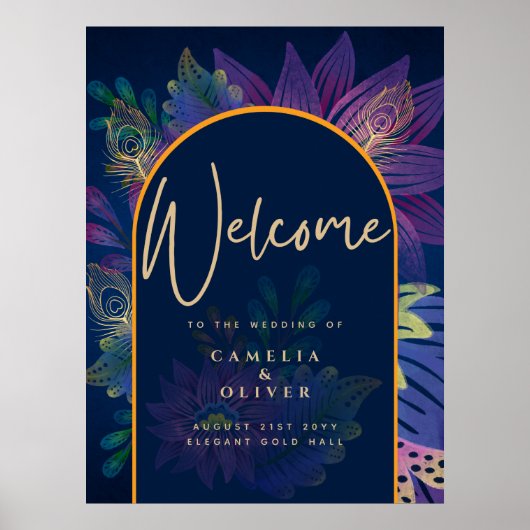 Peacock Blue Jewel Tones Floral Gold Text Weddensc Poster (Voorkant)