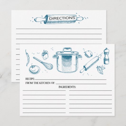 Peacock Blue ketched Kitchen Tools Recipcards Briefkaart (Voorkant / Achterkant)
