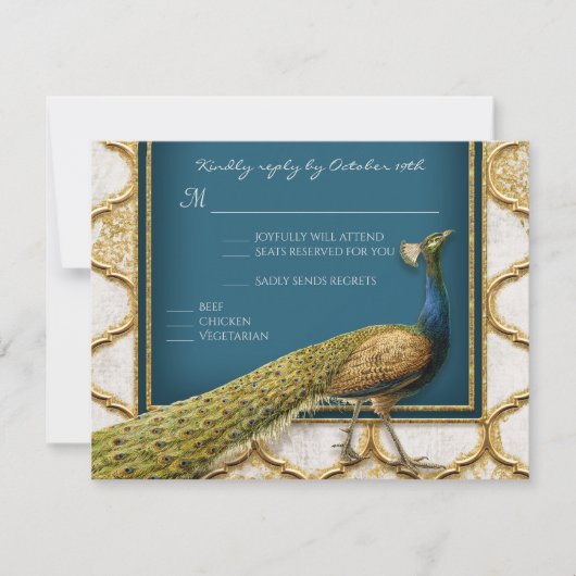 Peacock Blue n Gold Elegant RSVP respons (Voorkant)