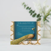 Peacock Blue n Gold Elegant RSVP respons (Staand voorkant)