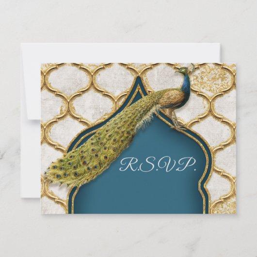 Peacock Blue n Gold Elegant RSVP respons (Achterkant)