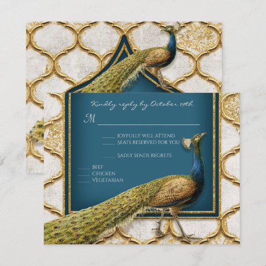 Peacock Blue n Gold Elegant RSVP respons (Voorkant / Achterkant)