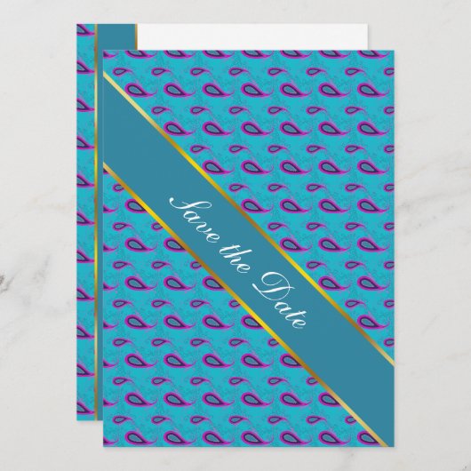 Peacock Blue Paisley Save The Date (Voorkant / Achterkant)