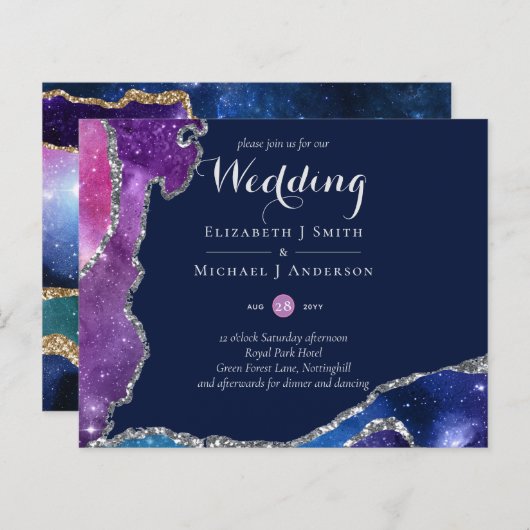 Peacock Blue Roze Agate Wedding Invite BUDGET (Voorkant / Achterkant)
