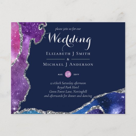 Peacock Blue Roze Agate Wedding Invite BUDGET (Voorkant)