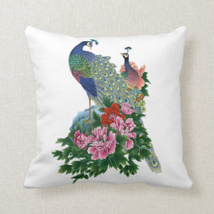 Peacock Blue roze rozen Green Flowers Floral Bird Kussen