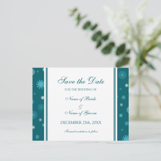 Peacock Blue Save the Date Winter Wedding Briefkaa Aankondigingskaart (Staand voorkant)