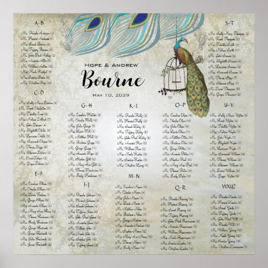 Peacock Blue Silver Seating Chart 12 Tabellen Poster (Voorkant)