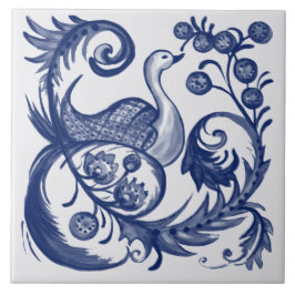 Peacock Blue White Swirl Folk Design Tegeltje