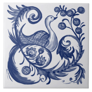Peacock Blue White Swirl  Folk Design Tegeltje