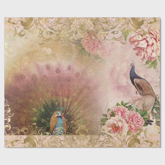 Peacock Blush Pink Peony Floral Gold Decoupage Cadeaupapier (Vlak)
