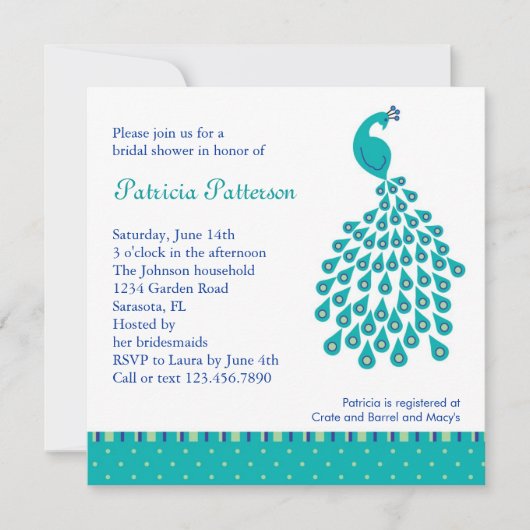 Peacock Bridal Shower Invitation Kaart (Voorkant)